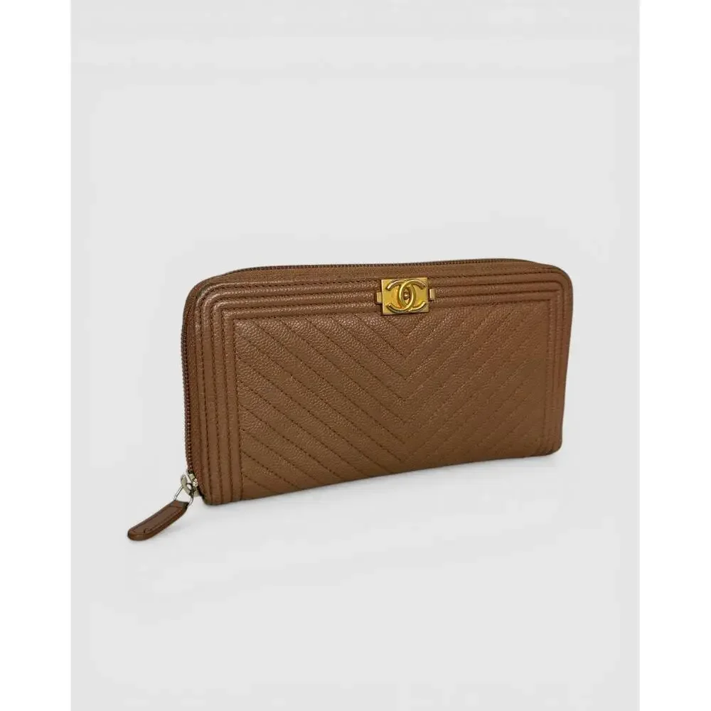 Chanel Tan Beige Leather Chevron Quilted Zip Around Wallet